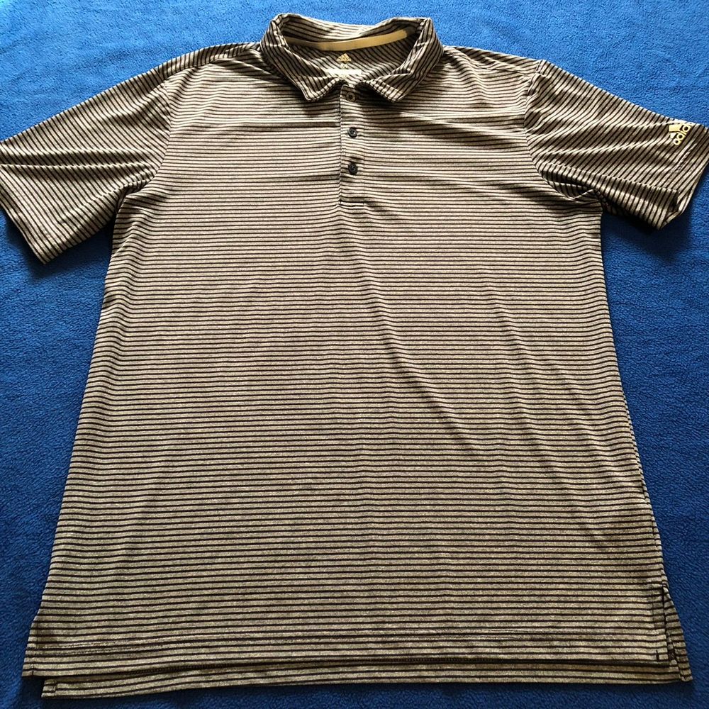 Men's Adidas Golf Gray Black Striped Polo Short Sleeved 100% Polyester Size M